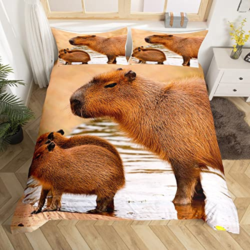 Brown Capybara Bedding Set Double Size,Cute Capybaras Duvet Cover for Kids Teens Adults,Kawaii Pet Rodent Animals Comforter Cover Funny Animals Bedspread Cover 3 Pieces Capybara Lovers Home Decor