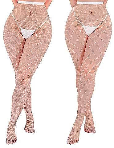 LittleForBig High Waist Night-Glow Fishnet Tights 2 Pairs of Mesh Net White Stockings