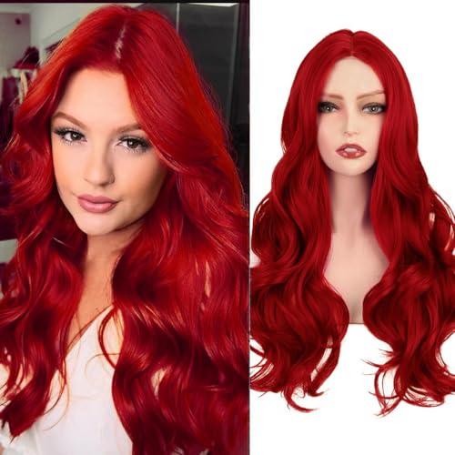 Rote Perücke für Damen, 66 cm lang, rote Perücke, Mittelscheitel, natürlich aussehende Haarersatzperücke für den täglichen Gebrauch, Party, Cosplay, Kostüm