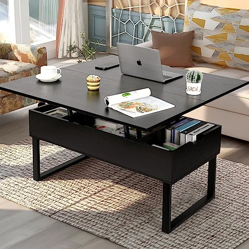 VOWNER Couchtisch Höhenverstellbar, 3-in-1-Multifunktions-Wohnzimmertisch mit Versteckter Aufbewahrung, Couchtisch Umwandelbar in Wohnzimmer-Esstisch, Schwarz mit Holzmaserung
