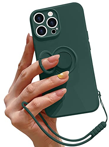 Pepmune for iPhone 15 Pro Silicone Case with Ring Holder-Green | Kickstand Magnetic Car Mount,Detachable Wrist Strap,Shockproof Soft Protective Cover