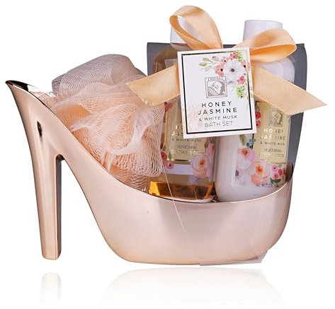 Accentra - Set de ducha HONEY JASMINE para mujer en preciosa bomba - Set de cuidado de 3 piezas con gel de ducha y loción corporal - Set de regalo de bienestar para cumpleaños, San Valentín, etc.