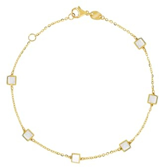 Rodium - Goldkette set mit Perlmutt-Quadrate, Einstellbar, 14 Karat Gold/ 585er Feingehalt, Ideales Geschenke für Damen