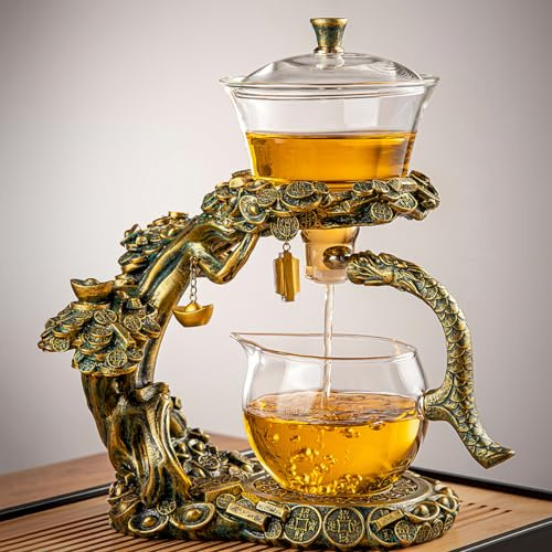 Lazy Kungfu Drip TeaPot, Heat Resistant Tea Set, Semi-Automatic Glass Teapot Suit for Magnetic Water Flow Wooden Glass Teapot Set