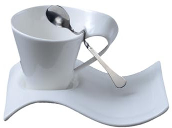 soulnioi Juego de 3 piezas de capuchino (taza+cuchara+platillo), platillos blancos en forma de onda para café con leche, capuchino, para cocina arty, cubiertos de desayuno en el hogar (taza de 300 ml)