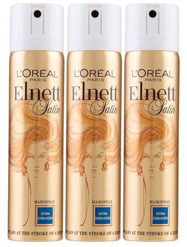 L'Oréal Paris Laque Spray Fixation Forte Elnett Satin Longue Durée Formule Micro-Diffusion Protectrice et Illuminatrice Anti-Humidité Effet Naturel - 3 Flacons de 75ml