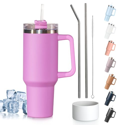 Tuocal 40oz Tumbler with Handle and Straw + 2 Stainless Steel Straws + Silicone Boot, 1180 ml Double Wall Vacuum Insulated Cup, Car Coffee Mug, Travel Water Bottle for Hot Iced Coffee, Purple