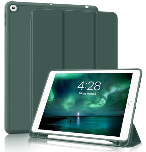 GKABXY Custodia per iPad di 9ª generazione 2021/8ª Gen 2020/7ª Gen 2019 10.2 pollici con portapenne, retro morbido TPU ultra sottile leggera Smart Cover auto Sleep/Sveglia con per iPad 10.2, verde