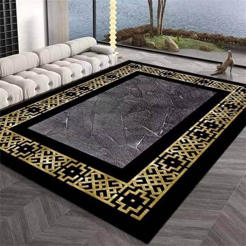 Deko Kissen Rutschfeste Unterlage Teppich Bettbank Schlafzimmer Schwarzer, rechteckiger Rahmendesign, leichter Luxus Wohnzimmerteppich im modernen Stil Teppich Eingangsbereich Innen(Gelb 200X300cm)
