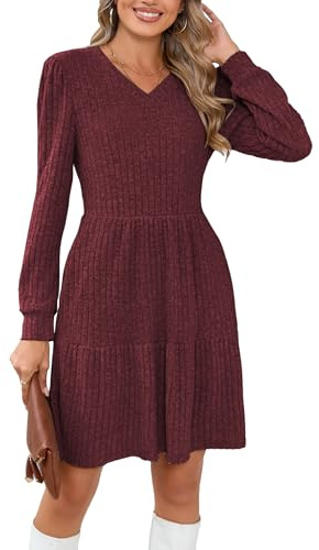 Famulily Christmas Jumper Dresses for Women Elegant Swing Dress Autumn Winter Thermal A-Line Mini Party Tunic Dresses Wine S
