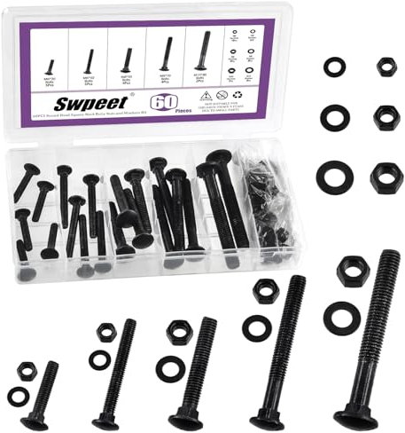 Swpeet 60Pcs 5 Sizes M6×30 M6×50 M8×50 M8×70 M10×80 Black Zinc Carriage Bolts Screws Nuts Washers Assortment Kit, Round Head Square Neck Screws, Full Thread Carriage Bolts