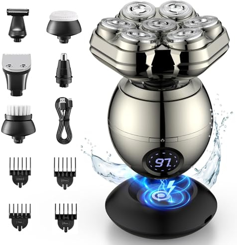 ETENTOUS Rasoir Electriques Hommes, 5 en 1 Rasoirs à Têtes Rotatives - 3D Tondeuse à Barbe Utilisation Humide et Sèche Rasoir Rechargeable avec Ecran LED, Rasage IPX7 Etanche.