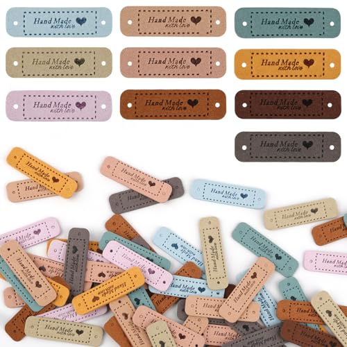 Handmade Label zum Annähen 60 Stück, Handgefertigte Leder Etiketten, Langer Streifen Label mit Löchern und Herz, Lederetiketten für DIY Jeans, Taschen und Hüte (12 Farben)