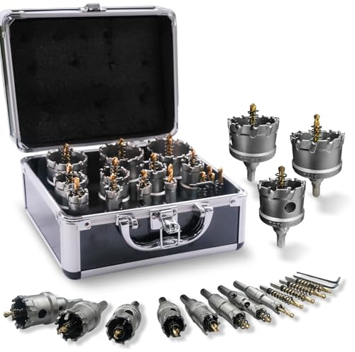 HYADSHEN 17Pcs Hole Saw Kit with case, 9/16''-2-1/8 Heavy-Duty Tungsten Carbide Hole Saws sets for Metal, Stainless Steel, Iron, Wood, Plastic, with 4*Detachable Pilot Drill Bits and 2*L-Wrench