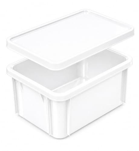 HELGUEFER - Cubeta Plastico con Tapa 25L Apilable | Caja Plastico Almacenaje Resistente y Ergonómica, Polietileno, 600x400x170mm | Uso Alimentario y Industrial | Fácil Limpieza y Ahorro de Espacio