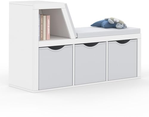 IDMarket - Bibliothèque Banc Oscar 4 Cases avec Coussins Gris et bacs Tissus 102 cm Blanc