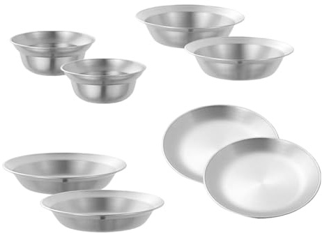 Folpus Edelstahl Geschirrset mit Tellern Und Schüsseln für Outdoor Aktivitäten, 8pcs Silber
