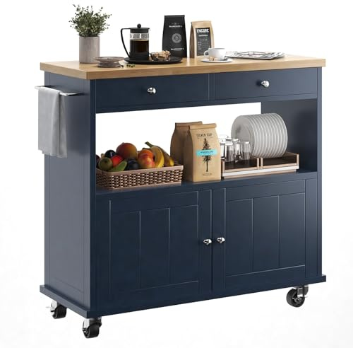 knoworld Rolling Kitchen Island with Storage Cabinet, 35.4'' Width Kitchen Cart, 2 Drawers Island Table, Portable Mobile Kitchen Island with Towel Rack, Wood Top and Lockable Wheels, Blue