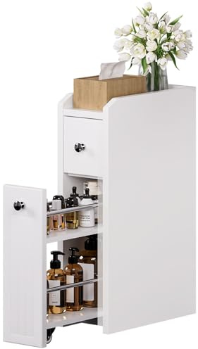 Yorbay Holz Badezimmerschrank Schmal mit Schubladen: Weiß Moderner Stil | Stabil Aufbewahrungsschrank Stehender Schrank für Kleine Räume - Platzsparend Beistellschrank Toilettenschrank Badschrank