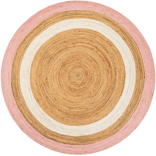 Aizza Trends Hand Woven Natural Jute Area Rug White and Pink Trim Solid Farmhouse Design Carpet Rug for Bedroom, Living Room, Dining Room- 2x2 Feet Round (61 cmx61 cm)