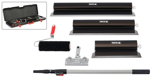 YATO Spachtelset 6 tlg Profi Flächenspachtel aus Edelstahl & Aluminium 400/600/800 mm inkl. Teleskopstiel, Roller & Koffer