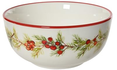 Kaemingk Müslischale Porzellan 14x6cm - Schüssel mit Tannenzweig & Beeren Motiv - Weihnachtsgeschirr Weihnachtsschale - Geschirr für Weihnachten - Frühstücksgeschirr Müslischüssel Schale - Weiß Rot