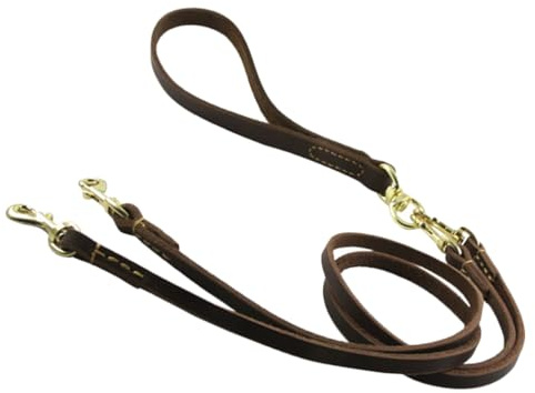 UKCOCO Laisse Double pour Chiens Réglable en Cuir Véritable, Corde de Traction Résistante 1,6x120cm, pour Promenades et Entraînement, Adaptée aux Chiens et Chiots