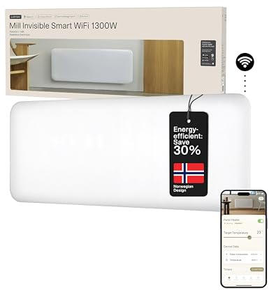 Mill Invisible WiFi Panel Heater 1300W Smart Heater & App Energy Efficient Heaters for Home Low Energy Silent 15-19m2, Electric Radiators Wall Mounted, Slim WiFi Radiator Bathroom, Designed in Norway