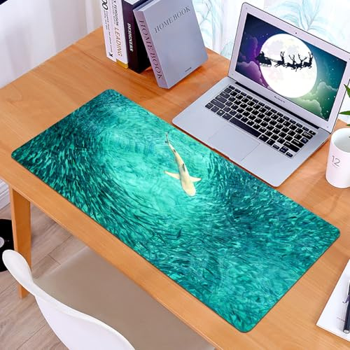 KDWJS Tapis de Souris XXL Speed Gaming - 90x40 cm - Base en Caoutchouc antidérapant Extended - Améliore la précision et la Vitesse - Safari de Chasse au Requin Blanc dans l'océan Bleu,
