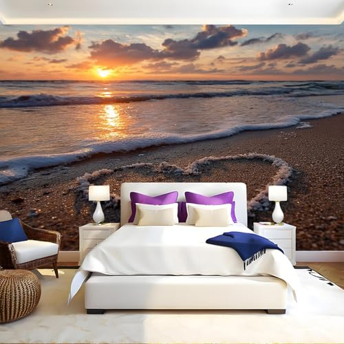 Atardecer Fotomurales Amor en la playa Papel Pintado 250x175 cm Fotográfico Tejido No Tejido Fondo de Pantalla Mural Decoración de Pared Sala Cuarto Oficina Salón