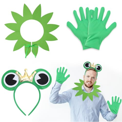 VAIAV Froschkönig Kostüm Damen Herren Frosch Kostüm Zubehör Froschkostüm Set mit Frosch Ohren Haarreif Handschuhe Schal für Halloween Fasching Karneval