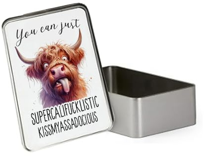 Funny Highland Cow “You Can Just Supercalifucklistic Kissmyassadocious” Cookies & Storage Unique Gag Gift for Friends, Metal Tin Storage Box, Biscuit, ChocolateTin, Emergency Stuff Tin. (Rectangular)