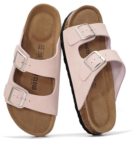 Project Cloud 100% Genuine Leather Flat Sandals For Women 2026 Cork Footbed Womens Sandals with Memory Foam and arch support Vacation Essentials Slides for Women Footwear (Venita_W,BBP,11W)