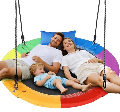 Wooden Outdoor Swing Set for Kids & Adults, Wooden Swing Seat with Height-Adjustable Rope,330 lbs Capacity, to Install on Trees, Ceilings & Outdoor Beams (Rainbow color-100cm)