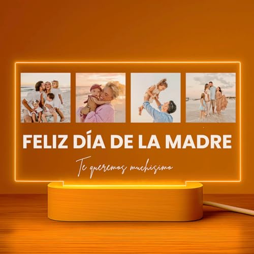 Cristal Plaque Lámpara Personalizada Mamá con 4 Fotos y Mensaje – Placa Metacrilato LED Vertical – Regalo Original Día de la Madre y Cumpleaños