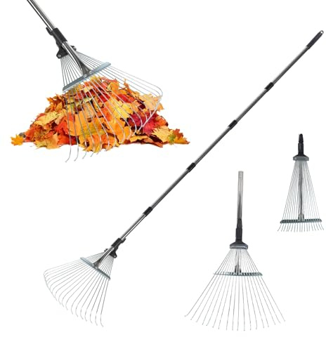 Rastrello regolabile con manico telescopico, 18 denti in metallo, per assemblare foglie, 19 – 40 cm, larghezza regolabile da giardino