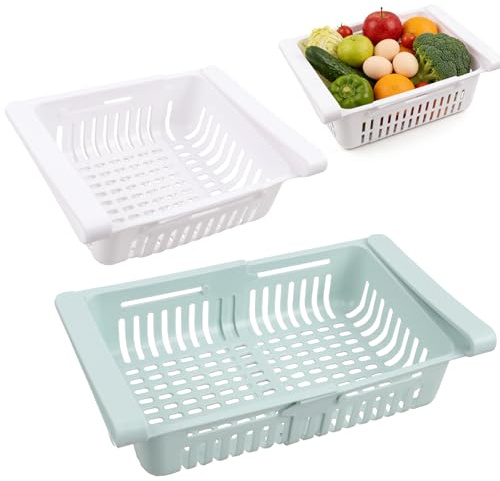 Yanxing 2 Stück Kühlschrank Organizer Schublade, Kühlschrank Organizer, Küchen Organizer, Kunststoff, Versenkbar, Geeignet Für Kühlschränke, Küchen, Aufbewahrung Von Obst, Gemüse, Snacks (Blau, Weiß)