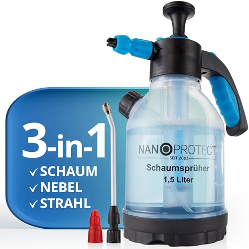 Nanoprotect 1,5 L Premium Drucksprüher - Schaumsprüher & Pumpsprüher | Laugen- und Säurebeständig, inkl. 3 Düsen, Messbecher & Lanze - Handsprüher für Reinigung, KFZ & Garten - Viton-Dichtungen