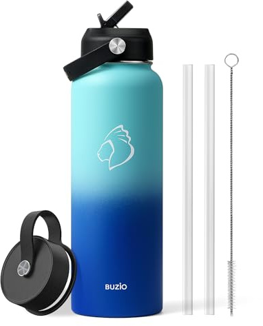 BUZIO Insulated Water Bottle 1.2L Stainless Steel with Straw & Spout Lid | Metal Water Bottle Keeps Cold 48 Hrs Hot 24 Hrs with Strap, Leakproof Drink Bottles, BPA-Free, for Gym, Travel, Sports