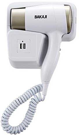 Bakaji - Secador de pared para el pelo, 1300 W, temperatura regulable, 2 x entrada USB, carga para smartphone, Hotel, Bed and breakfast