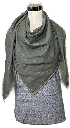 Musselintuch Khaki mit goldenen Pusteblumen XXL Halstuch, Wickeltuch Schal,Dreieckstuch aus Musselin Tuch Stola Handmade Schal einlagig