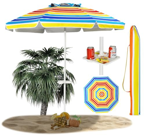 RELAX4LIFE Parasol de Plage avec Porte-Gobelet Ø220 cm | Parasol Inclinable Portable avec Tablette Amovible, Toile UPF 50+, Mât Alu et 8 Baleines en Fibre de Verre pour Patio, Piscine (Multicolore)