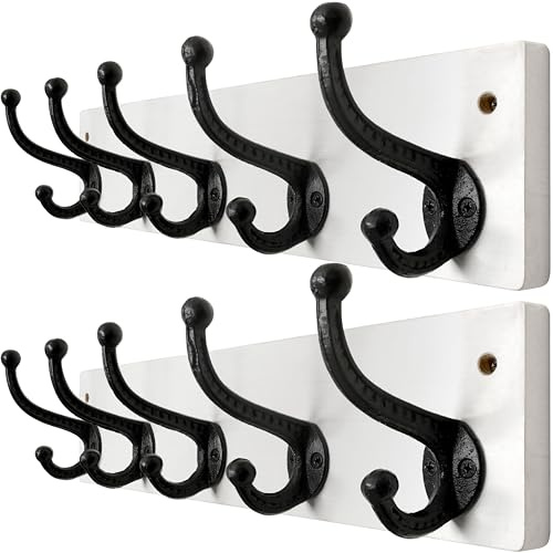 WEBI Garderobenleiste,Wandgarderobe mit 5 Haken Gusseisen,Garderobenhaken Wand,Kleiderhaken Wand,Holz Garderobe Hakenleiste für Mäntel,Jacken,Weiß,2 Stück