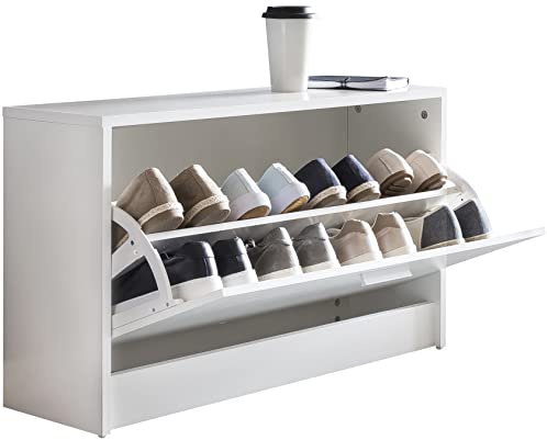 möbelando Schuhbank Split mit Sitzfläche Weiß Schuhkipper Holz 80 x 47 x 24 cm | Flurbank klein geschlossen | Sitzbank schmal Flur mit Stauraum | Schuhschrank einzeln Garderobenbank Bank Flurmöbel