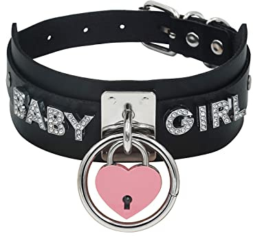 paloli Schwarzes Herz Vorhängeschloss O-Ring Choker Halskette für Damen, Punk Gothic Buchstabe Lederhalsband Rosa Vorhängeschloss Cosplay Schmuck