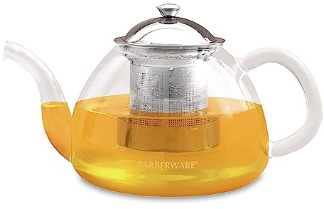 Farberware Glass Teapot, Tea Brewer for Blooming Loose Leaf Teas, Borosilicate Glass Tea Steeper, Non-Drip Spout, Stainless Steel Infuser, 5 Cup Capacity