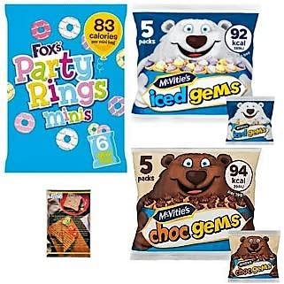 Mini Biscuits Iced Rings, McVitie's Iced Gems and Choc Gems Party Selection Pack. 16 Small Bags for Kid's Parties, Lunch Boxes and Snacks