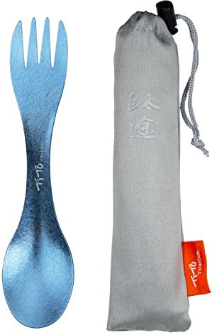 TiTo Titanium Outdoor 2-in-1 Titan Löffel/Spork mit Griff,Multifunktional Tragbare Ultraleichtem Besteck Camping Rucksackreisen mit Aufbewahrungstasche für Trekking (Blau)