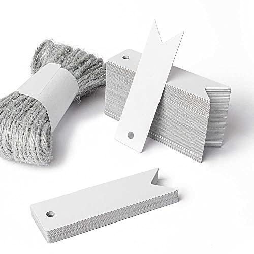 Tuuters Kraftpapier Geschenkanhänger 100 Stück weiß graue Juteschnur 10m | Matter Kartonlook, gelocht, inklusive zehn Meter Band; ideal für Hochzeit, Geschenk, Weihnachten, Gastgeschenk, Verpackung