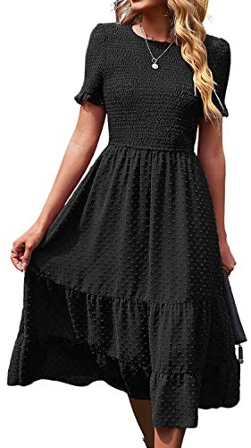 BebreezChic Damen Sommerkleid Maxikleider Kurzarm Rundhals Swiss Dot Rüschen Falten Einfarbig Casual Elegant Cocktailkleid, Schwarz L